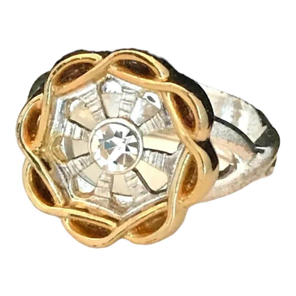 New Two Toned Ring Size 9 Silver & Gold Tone Crystal Accent 2B